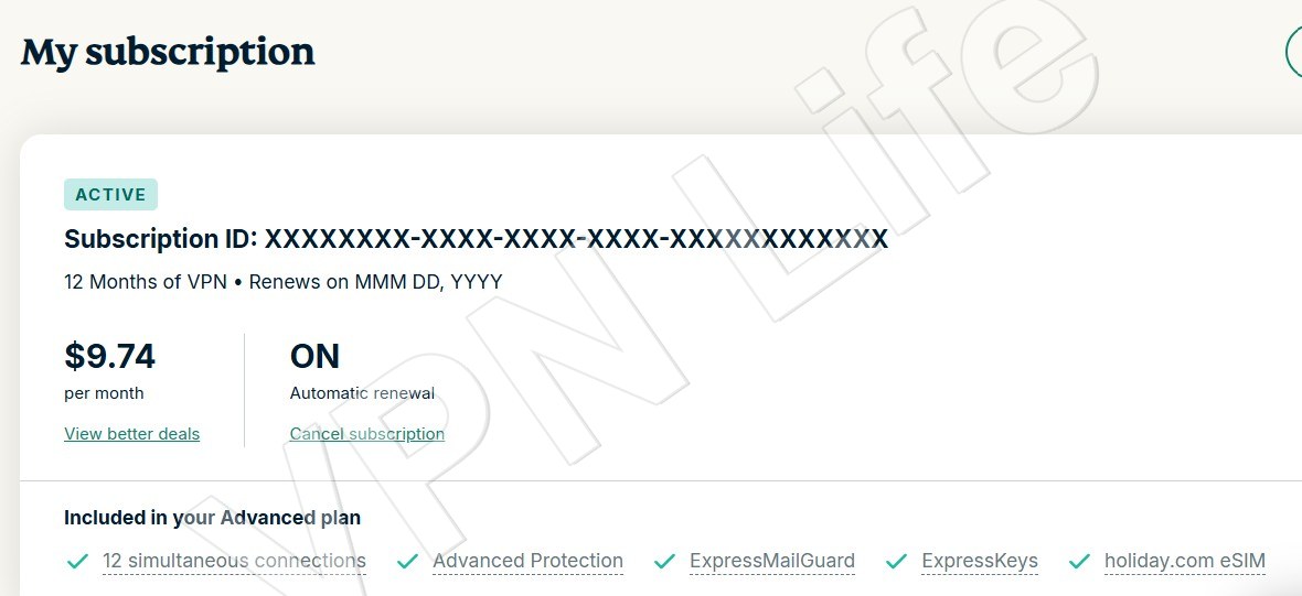 ExpressVPN退订步骤:My Subscription页面的“Cancel subscription”