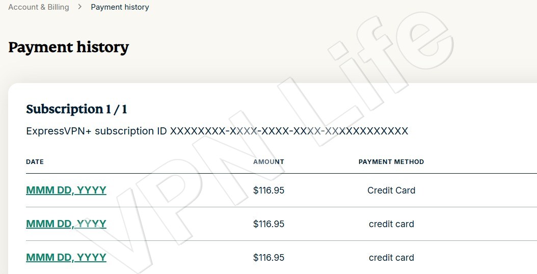 ExpressVPN退款步骤:Payment history付款记录列表